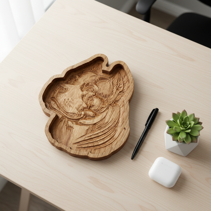 Overhead flat lay of wooden dog catch-all tray with pen, succulent, and AirPods on desk