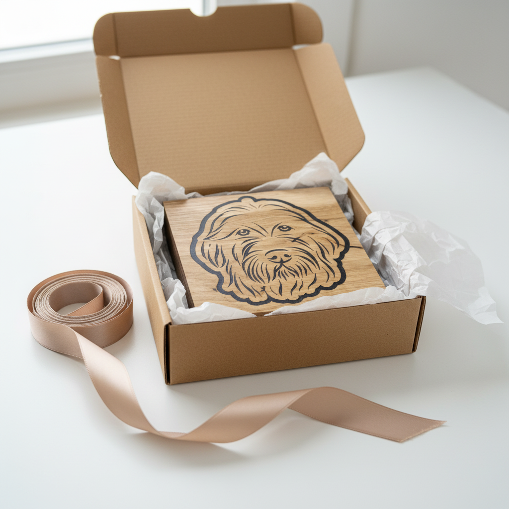 Golden Doodle wood art styled as a gift