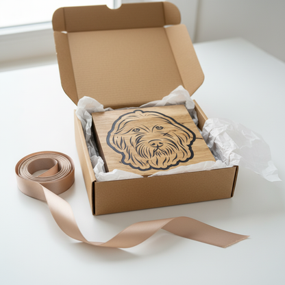 Golden Doodle wood art styled as a gift