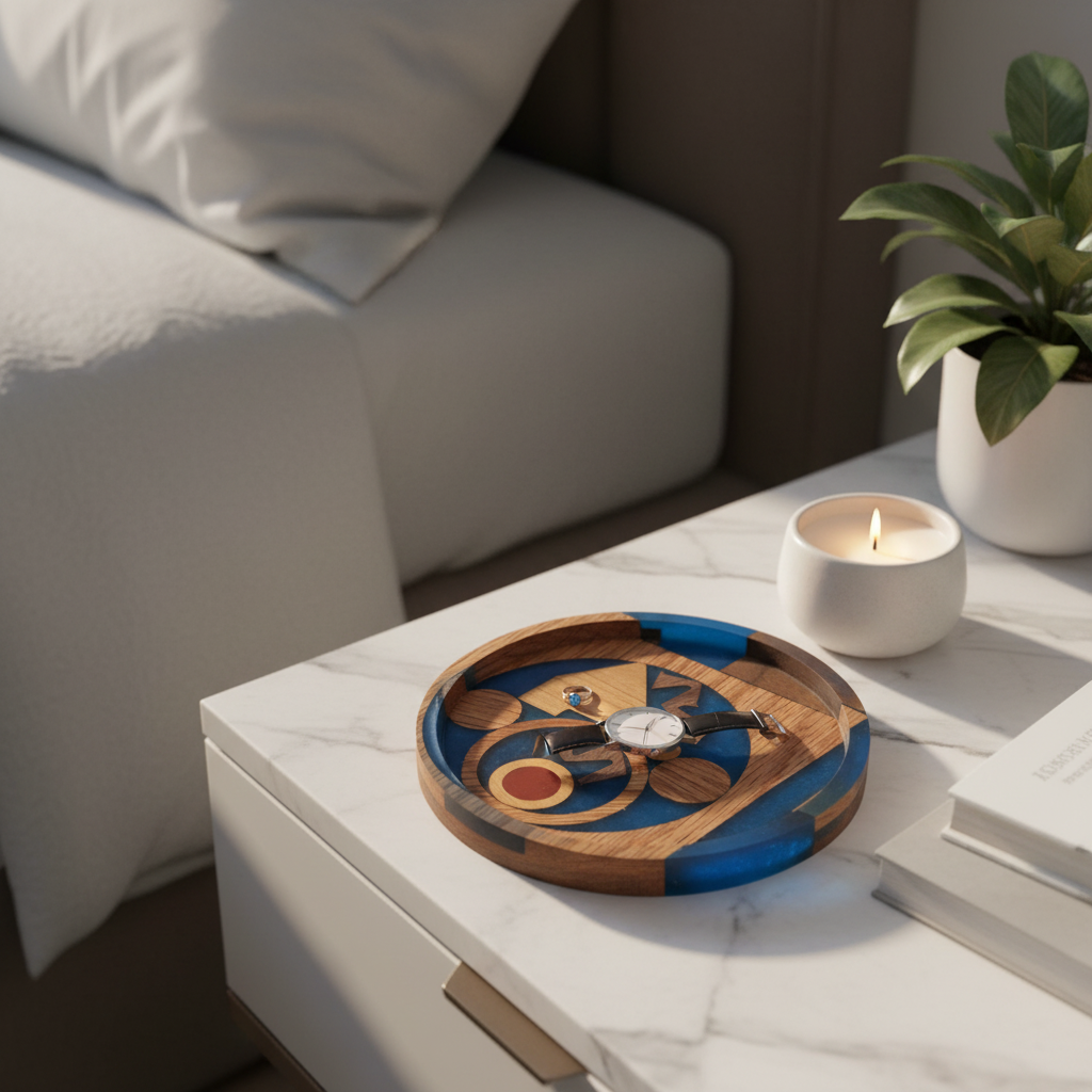 Gears mosaic tray on marble nightstand with candle, watch and ring