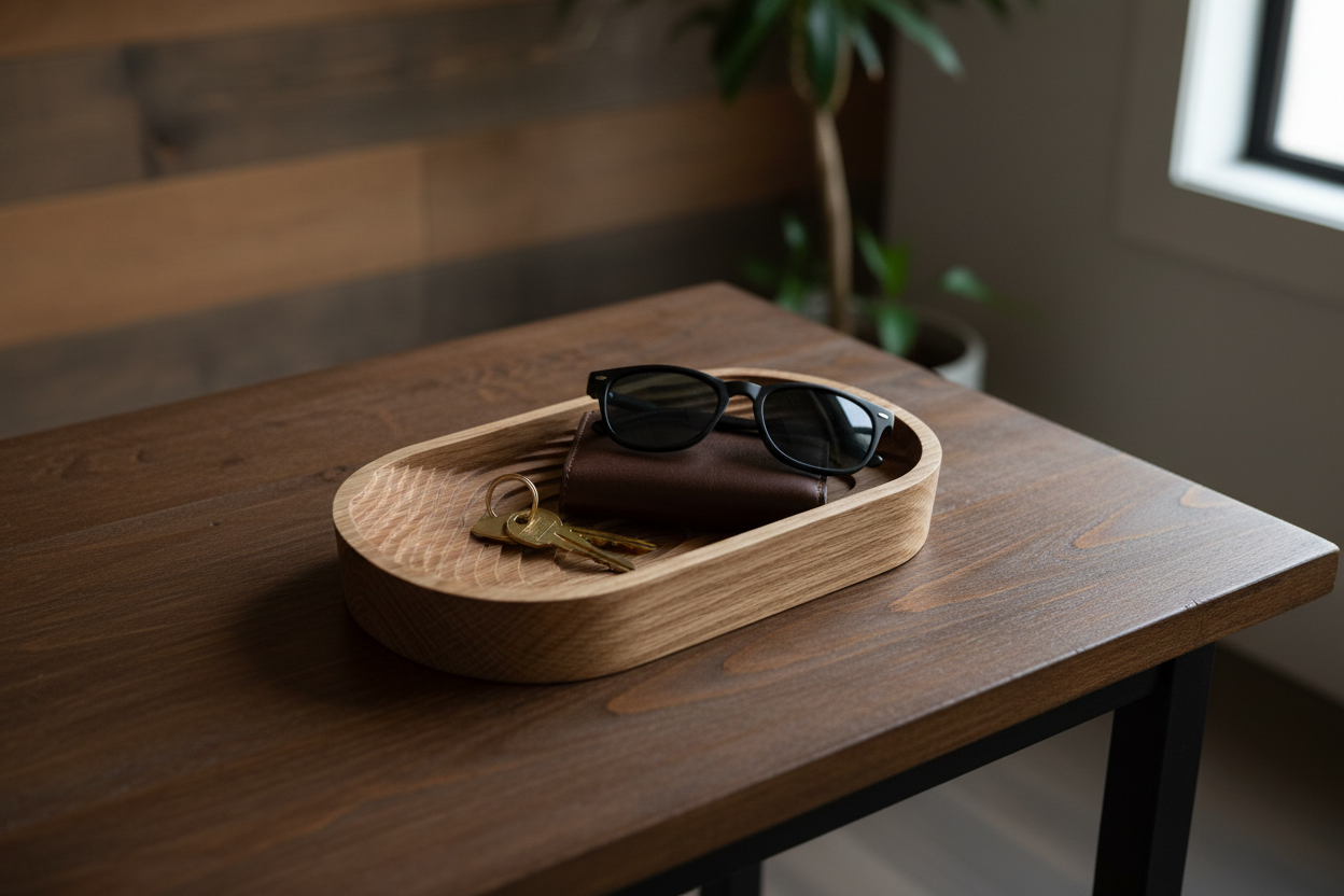 White oak contour tray on dark wood entryway table with keys, wallet and sunglasses resting inside