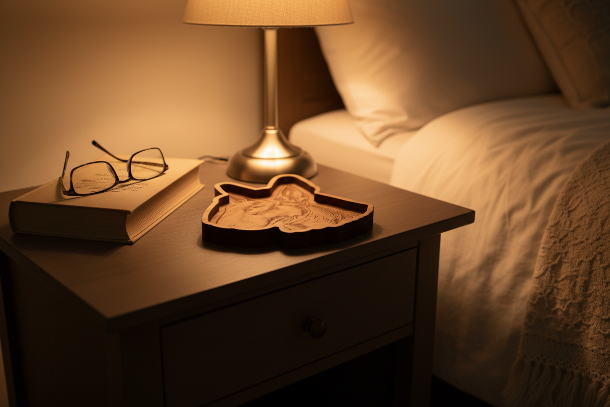 Bull Terrier wooden catch-all tray on bedside nightstand with book and reading glasses