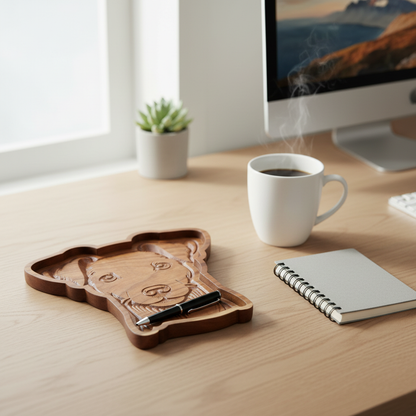 Jack Russell Terrier cherrywood catch-all tray on home office desk with coffee mug