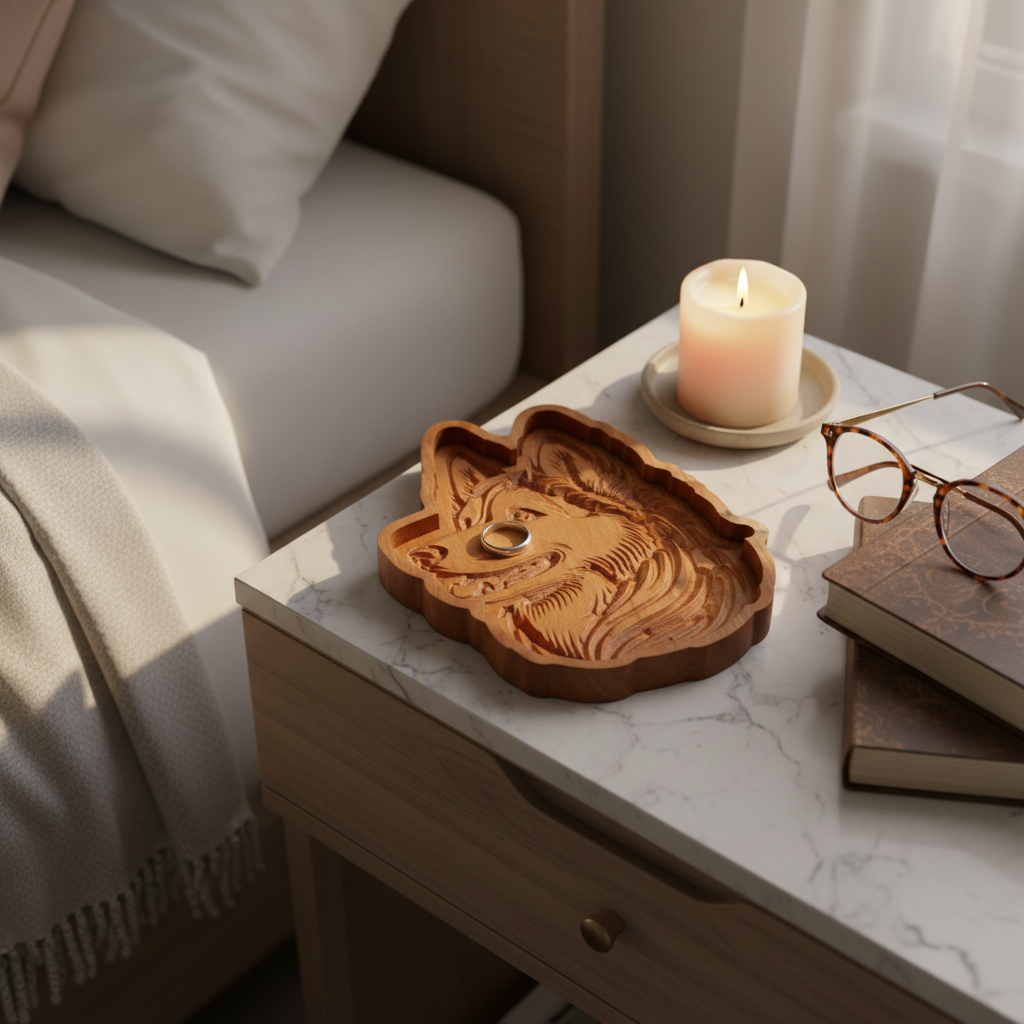 Husky cherry wood catch-all tray on marble nightstand with candle, ring, and reading glasses, high angle shot