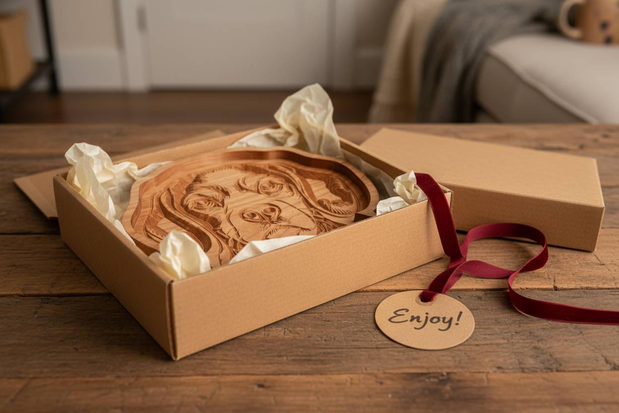 Beagle Cherry Wood Catch-All Tray presented as a gift in kraft box