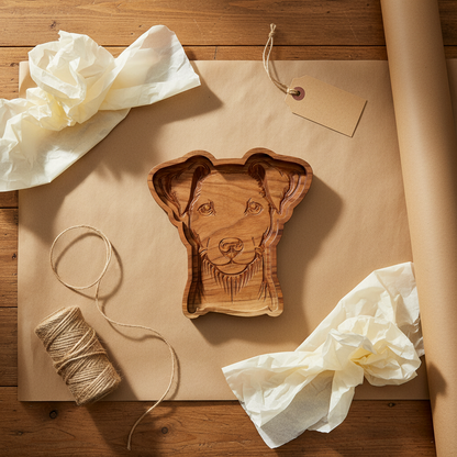 Jack Russell Terrier cherrywood catch-all tray laid on kraft paper ready to be gift wrapped