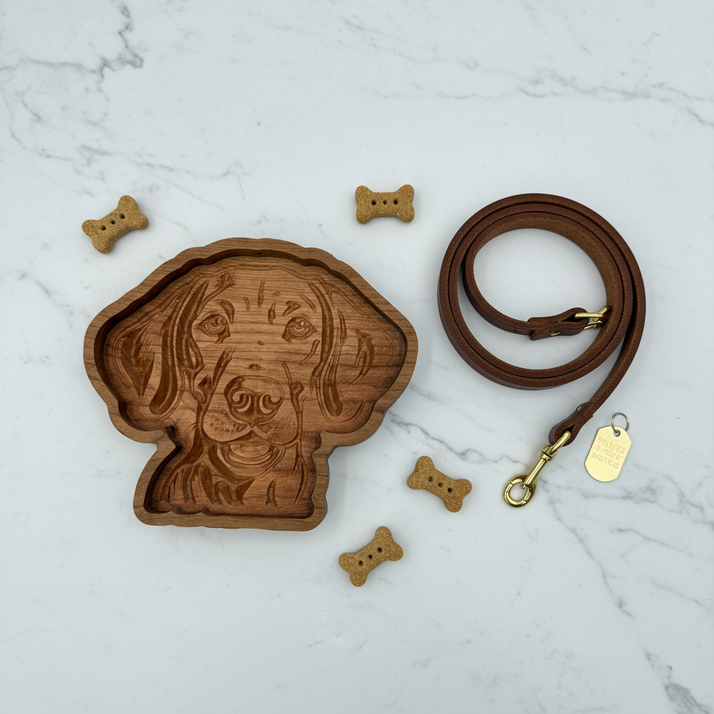 Weimaraner wooden tray flat lay on marble with leash and collar