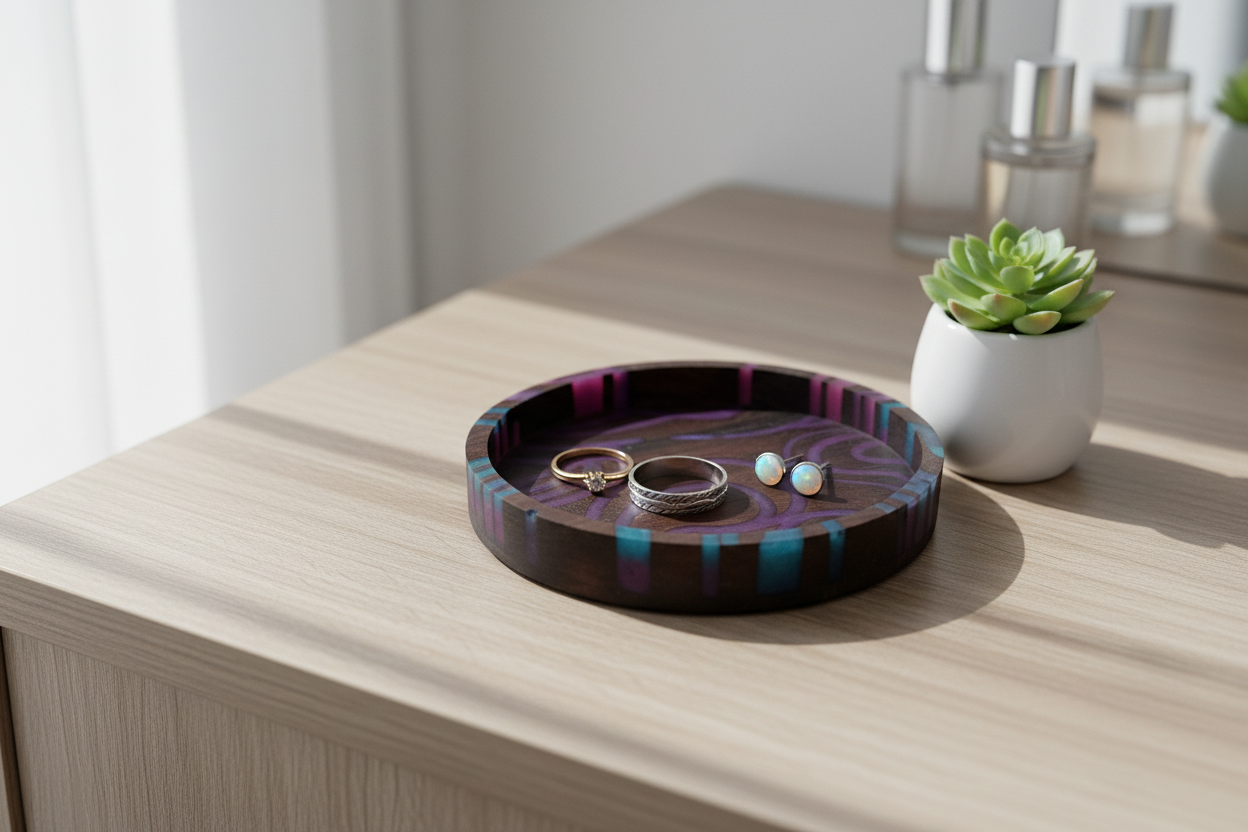 Black walnut purple swirl tray on a vanity with rings, earrings and succulent