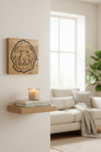 Golden Doodle wood art mounted on a wall