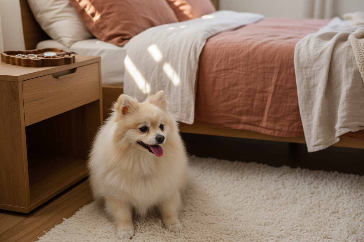 Pomeranian catch-all tray styled on a bedroom nightstand with jewelry and watch