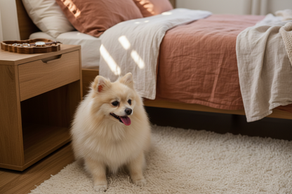 Pomeranian catch-all tray styled on a bedroom nightstand with jewelry and watch