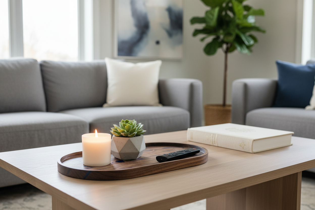 Black walnut blue resin oval tray on a coffee table with candle, succulent and book