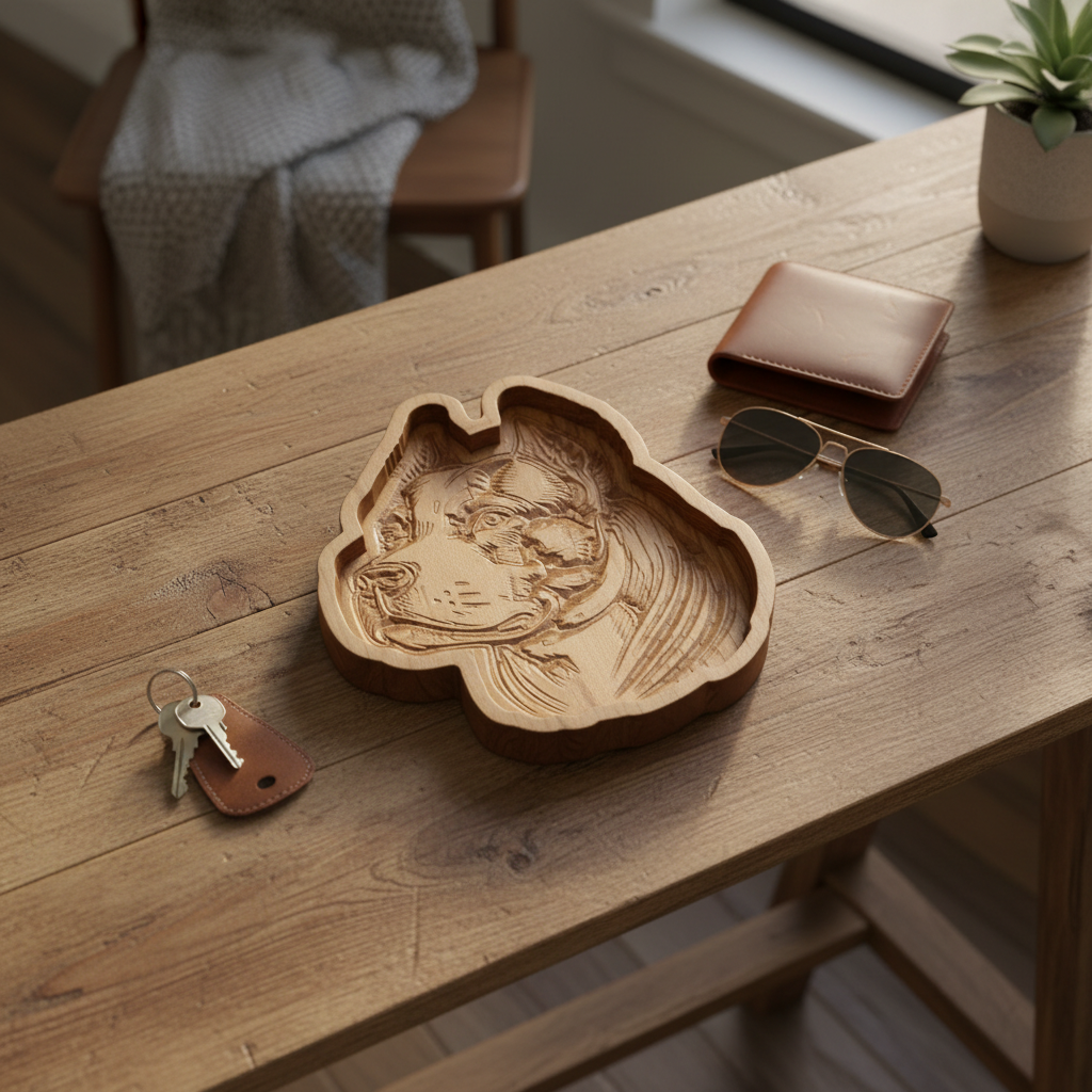 Overhead flat lay of wooden dog catch-all tray with keys, wallet, and sunglasses on entryway table