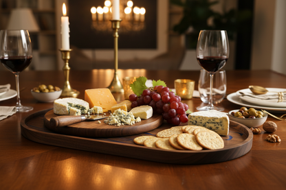 Black walnut blue resin oval tray used as serving tray with wine glasses and cheese board