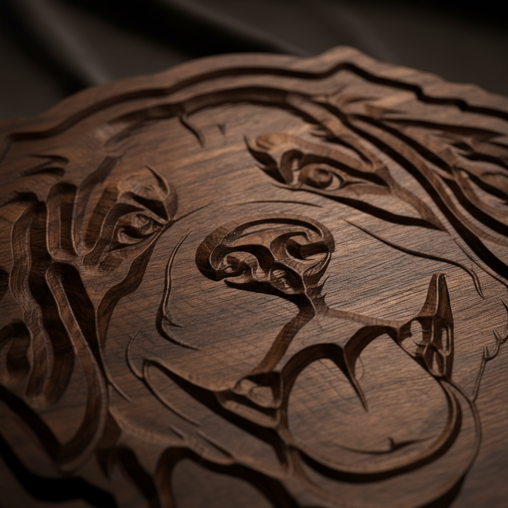 Close-up of engraved Bernese Mountain Dog face on black walnut catch-all tray