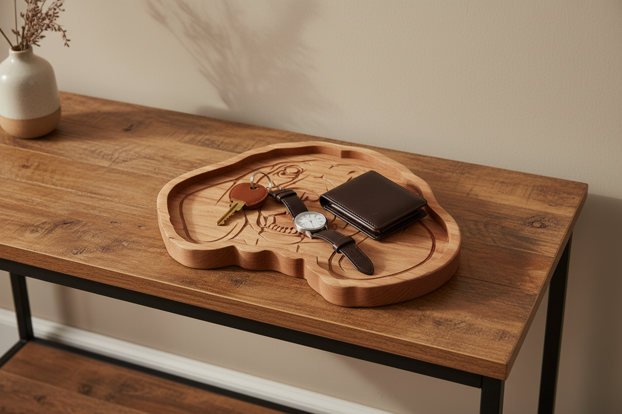 Cherrywood Dachshund catch-all tray on entryway console table with keys, watch, and wallet