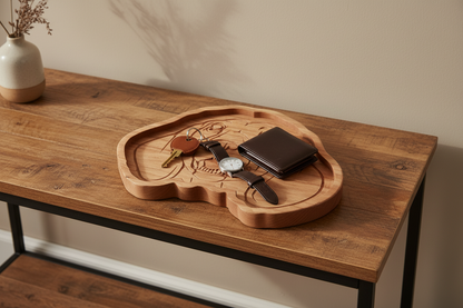 Cherrywood Dachshund catch-all tray on entryway console table with keys, watch, and wallet