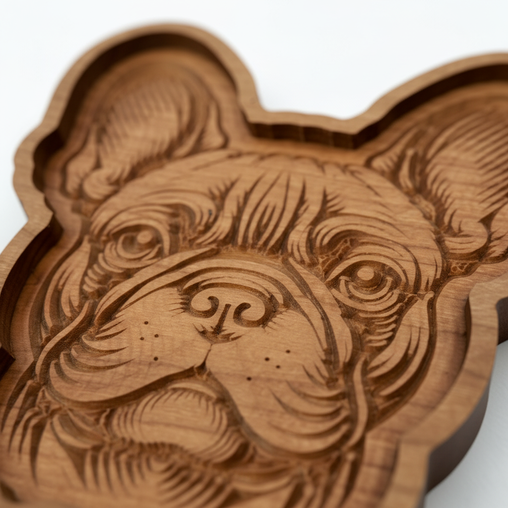 Close-up detail of Boston Terrier Catch-All Tray wood grain and engraving