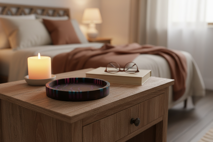 Black walnut purple swirl tray on a nightstand with candle and book