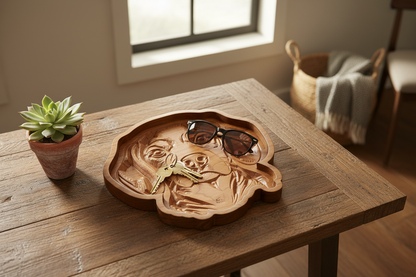 Beagle Cherry Wood Catch-All Tray styled on entryway table with keys and succulent