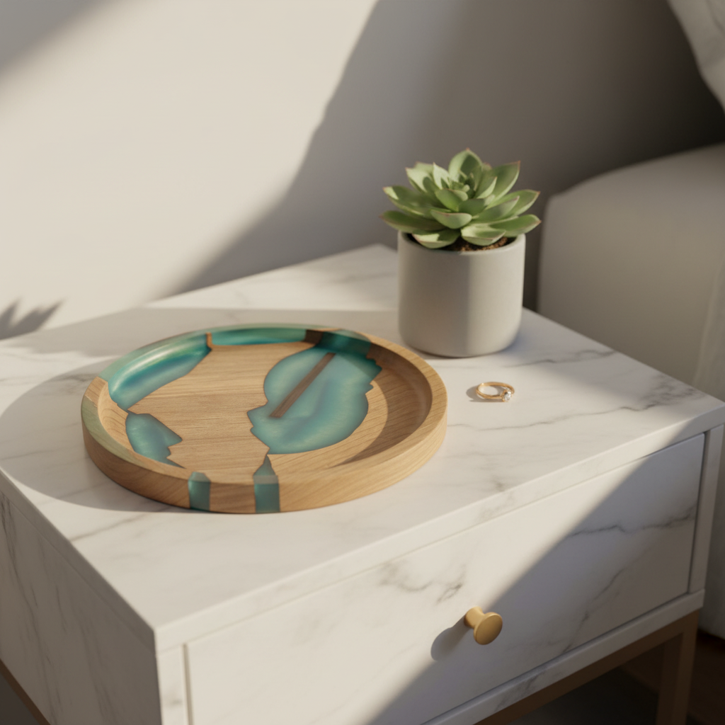 Mosaic Collection Glacier tray on marble nightstand with succulent and gold ring