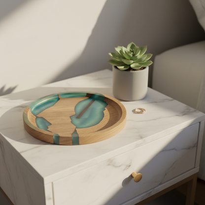 Mosaic Collection Glacier tray on marble nightstand with succulent and gold ring