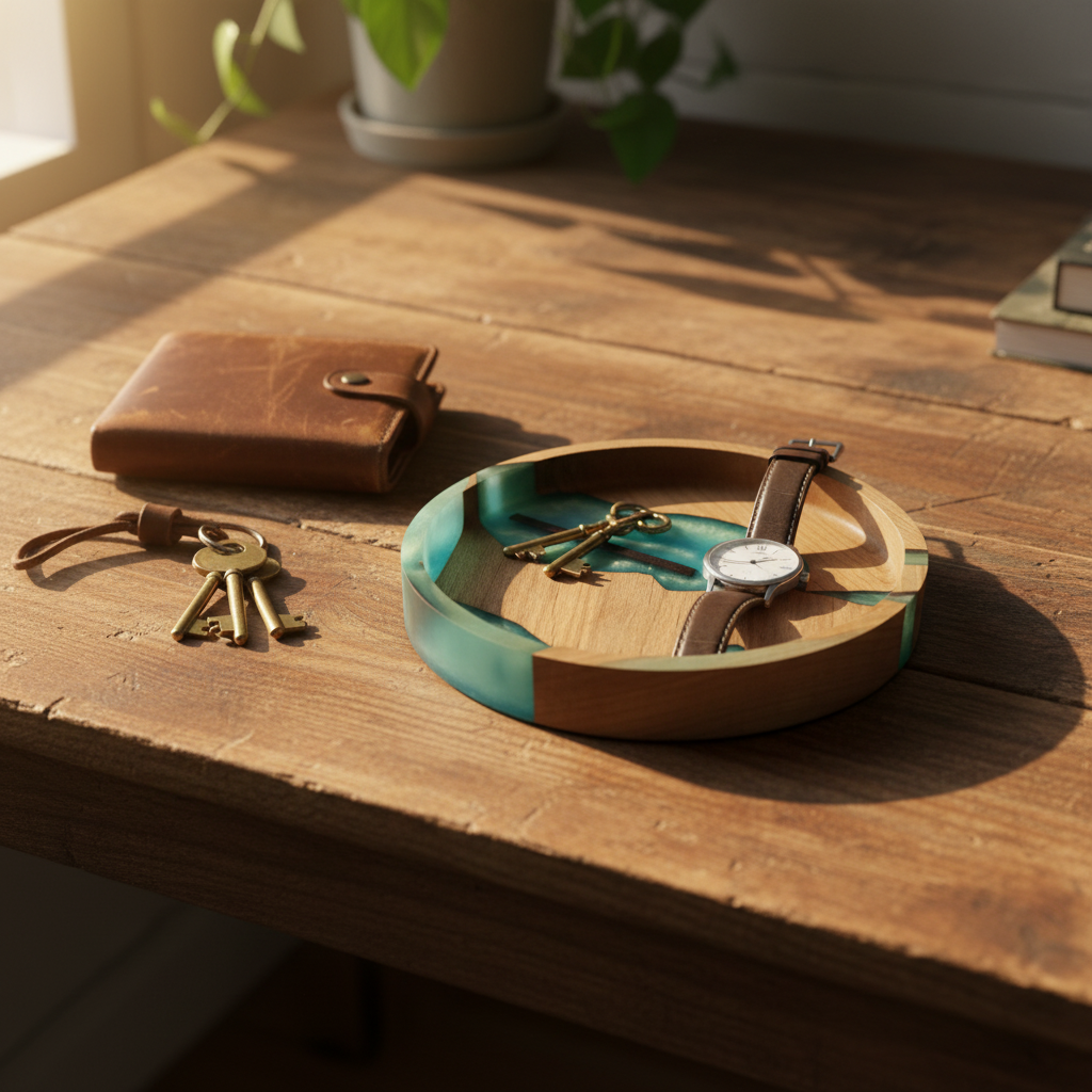 Mosaic Collection Glacier tray on rustic wood desk with keys, wallet and watch