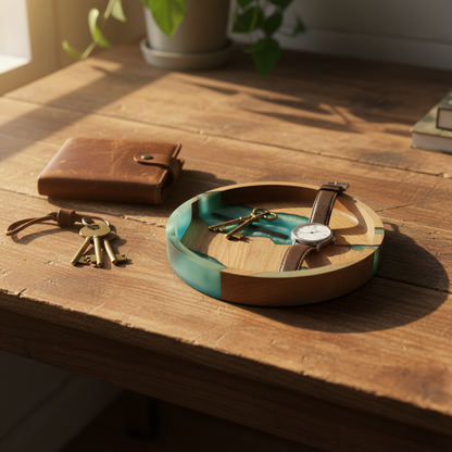Mosaic Collection Glacier tray on rustic wood desk with keys, wallet and watch