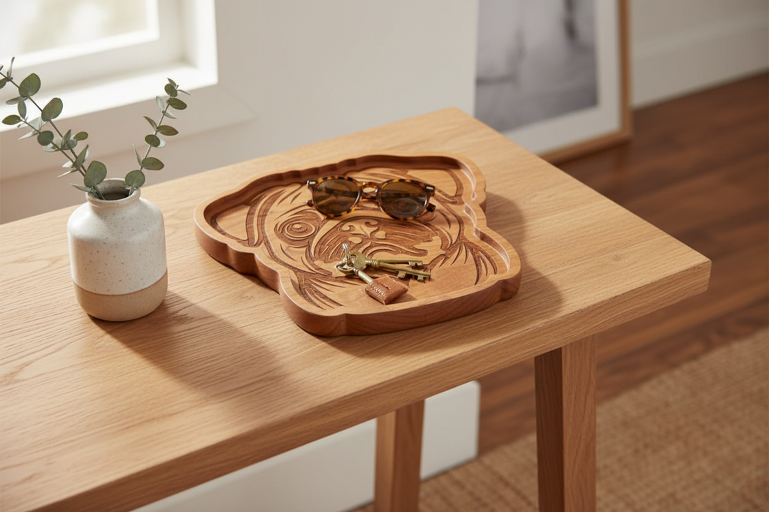Pug catch-all tray styled on an entryway console with keys, sunglasses, and a ceramic vase