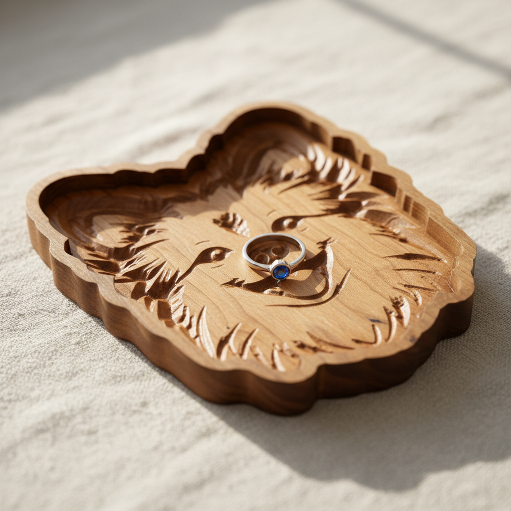 Close-up of Pomeranian catch-all tray with single ring, soft linen background