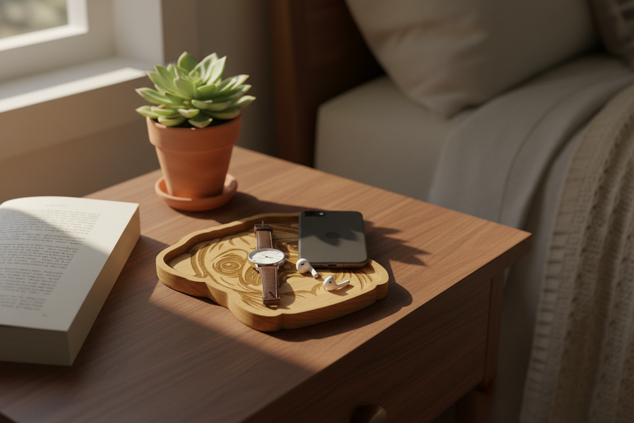 Pug Catch-All Tray on a bedroom nightstand with phone, watch, and plant