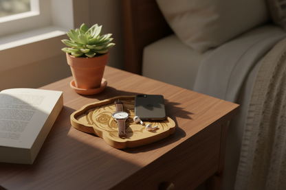 Pug Catch-All Tray on a bedroom nightstand with phone, watch, and plant