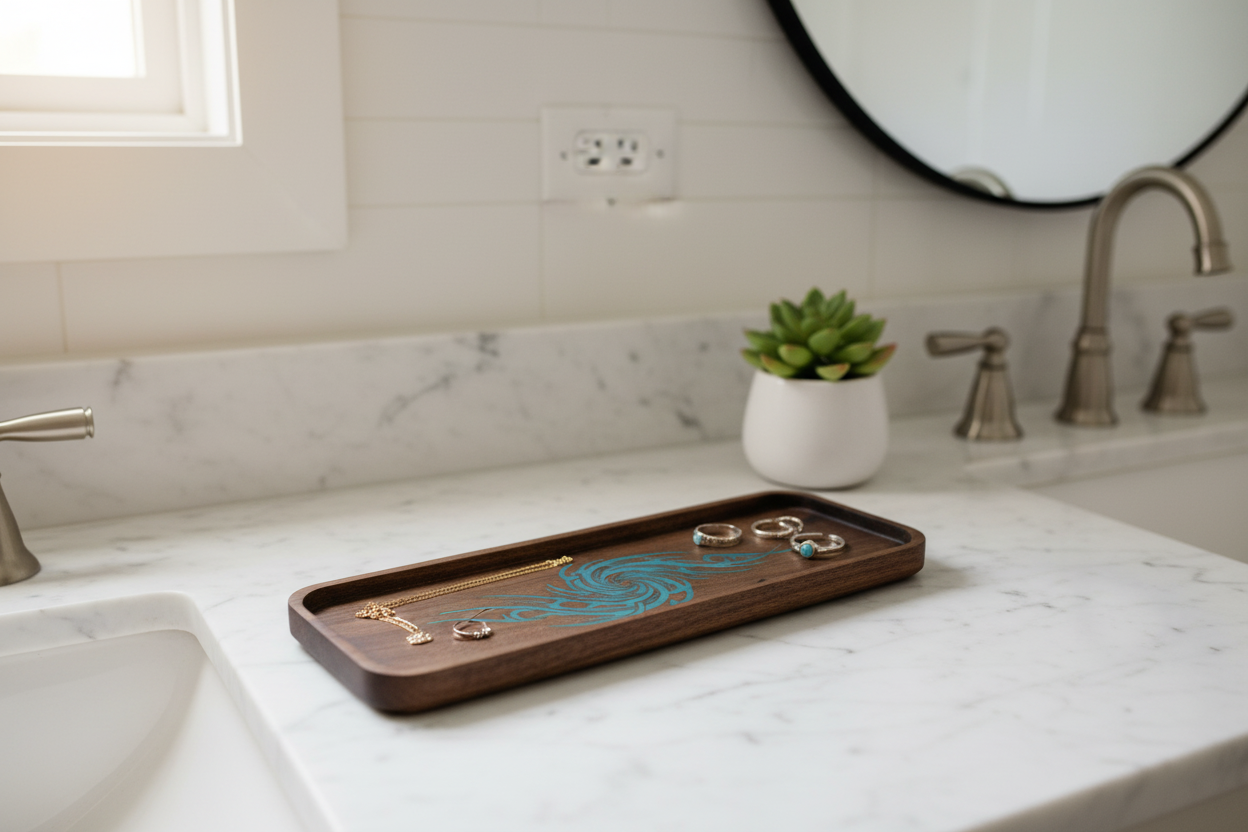 Black walnut turquoise resin tray on a bathroom vanity with jewelry and succulent