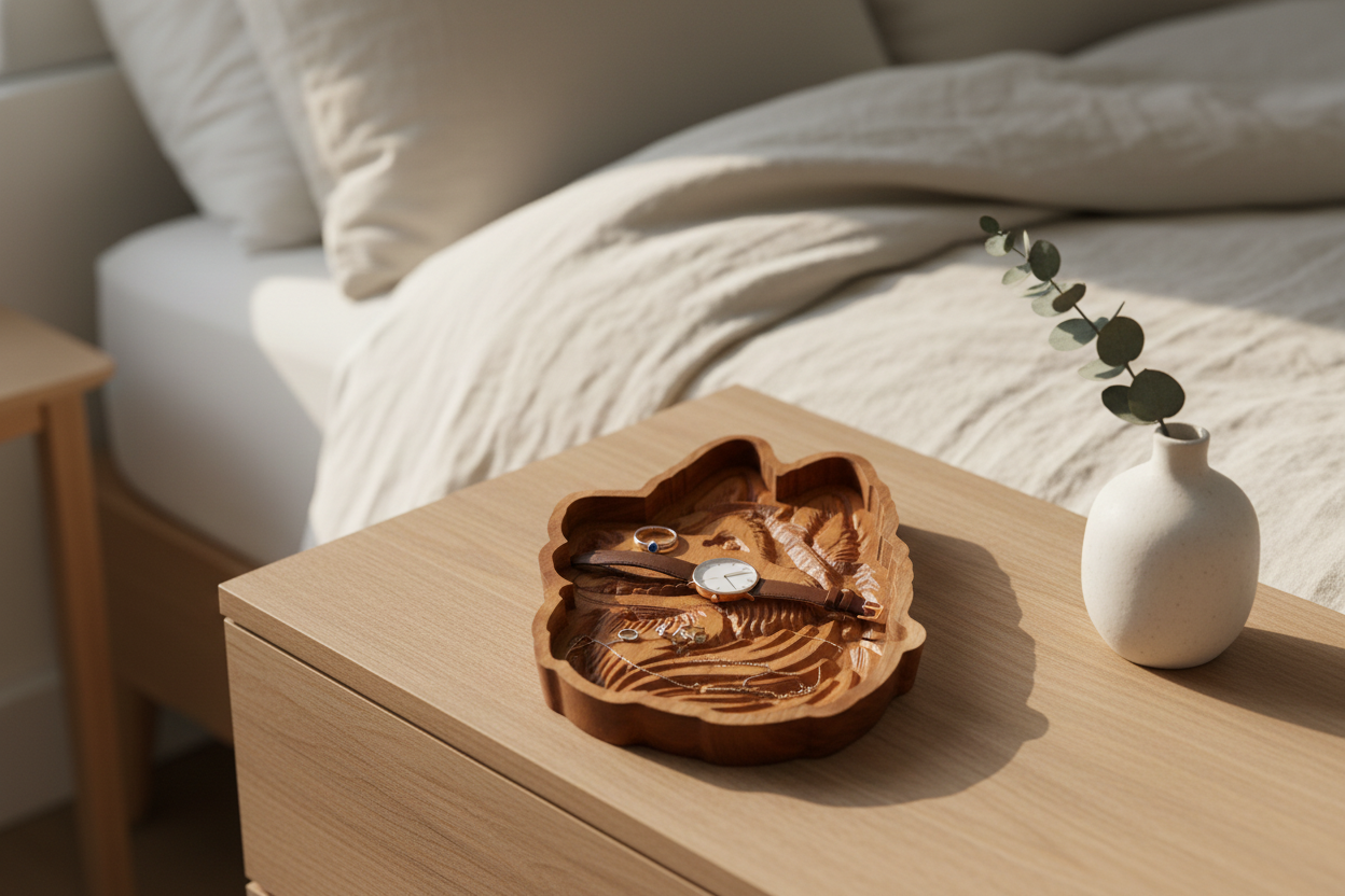 Siberian Husky cherry wood catch-all tray styled on bedroom dresser with watch, ring and jewelry