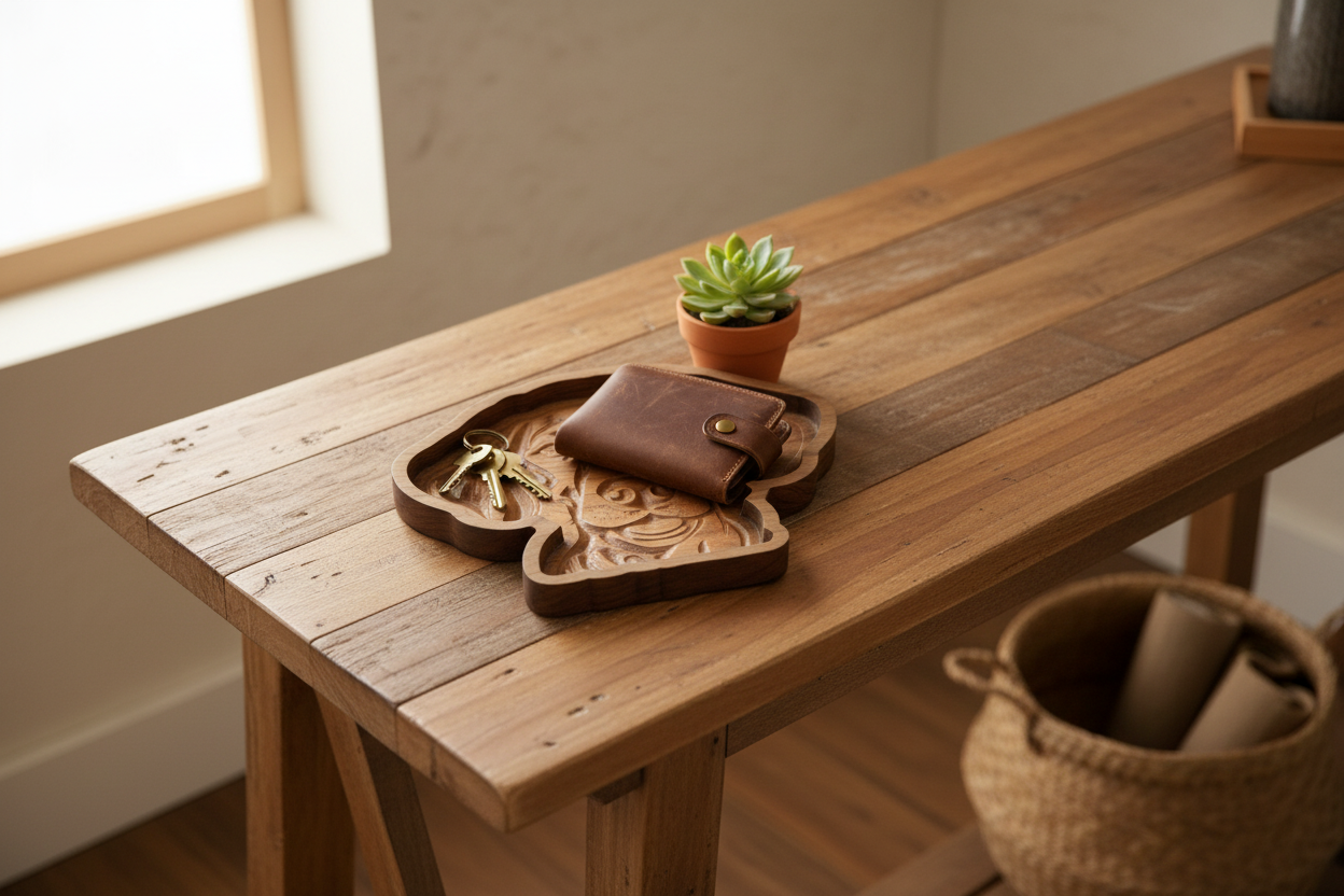 Weimaraner wooden tray styled on entryway console with keys and succulent
