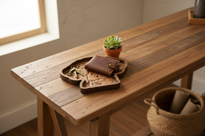 Weimaraner wooden tray styled on entryway console with keys and succulent