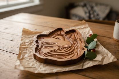 Siberian Husky cherry wood catch-all tray presented as a gift with kraft paper and greenery