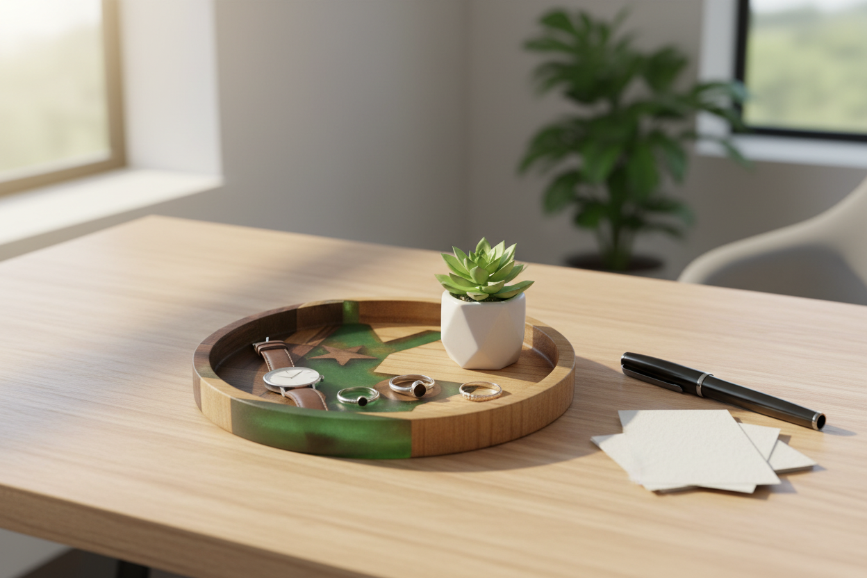 Mosaic Star tray on a modern desk with watch, rings and succulent