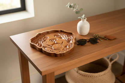 Cherry wood Bernese Mountain Dog catch-all tray styled on an entryway console with keys and sunglasses