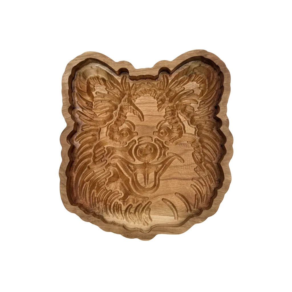 Handcrafted wooden Pomeranian catch-all tray on a clean white studio background with soft even lighting