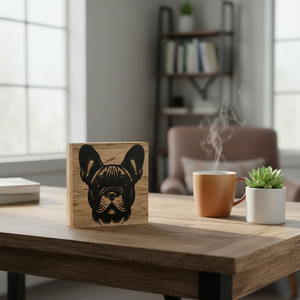 French Bulldog wood art displayed on a desk