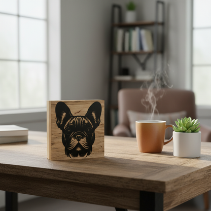 French Bulldog wood art displayed on a desk