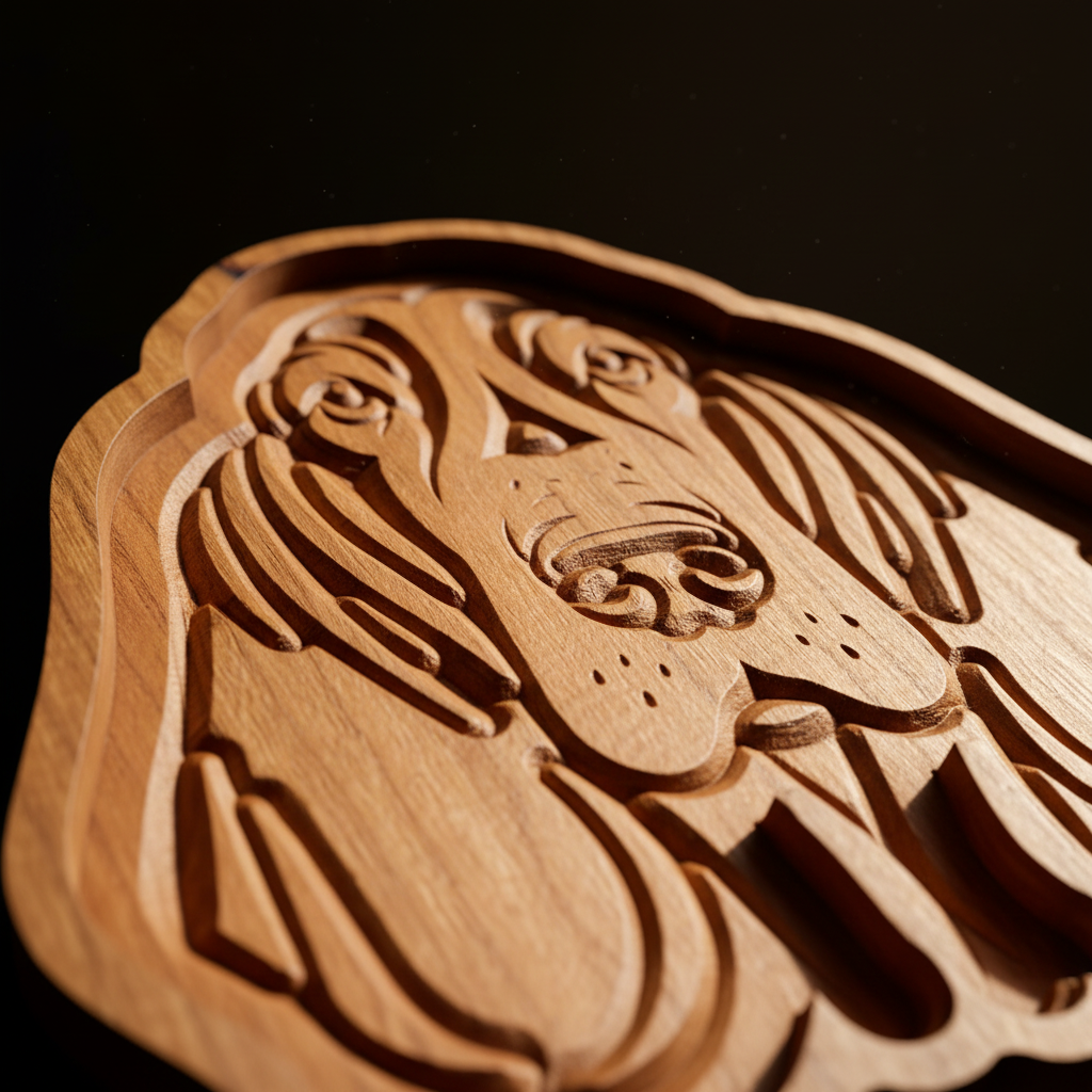 Close-up of handcrafted wooden Basset Hound catch-all tray engraving detail