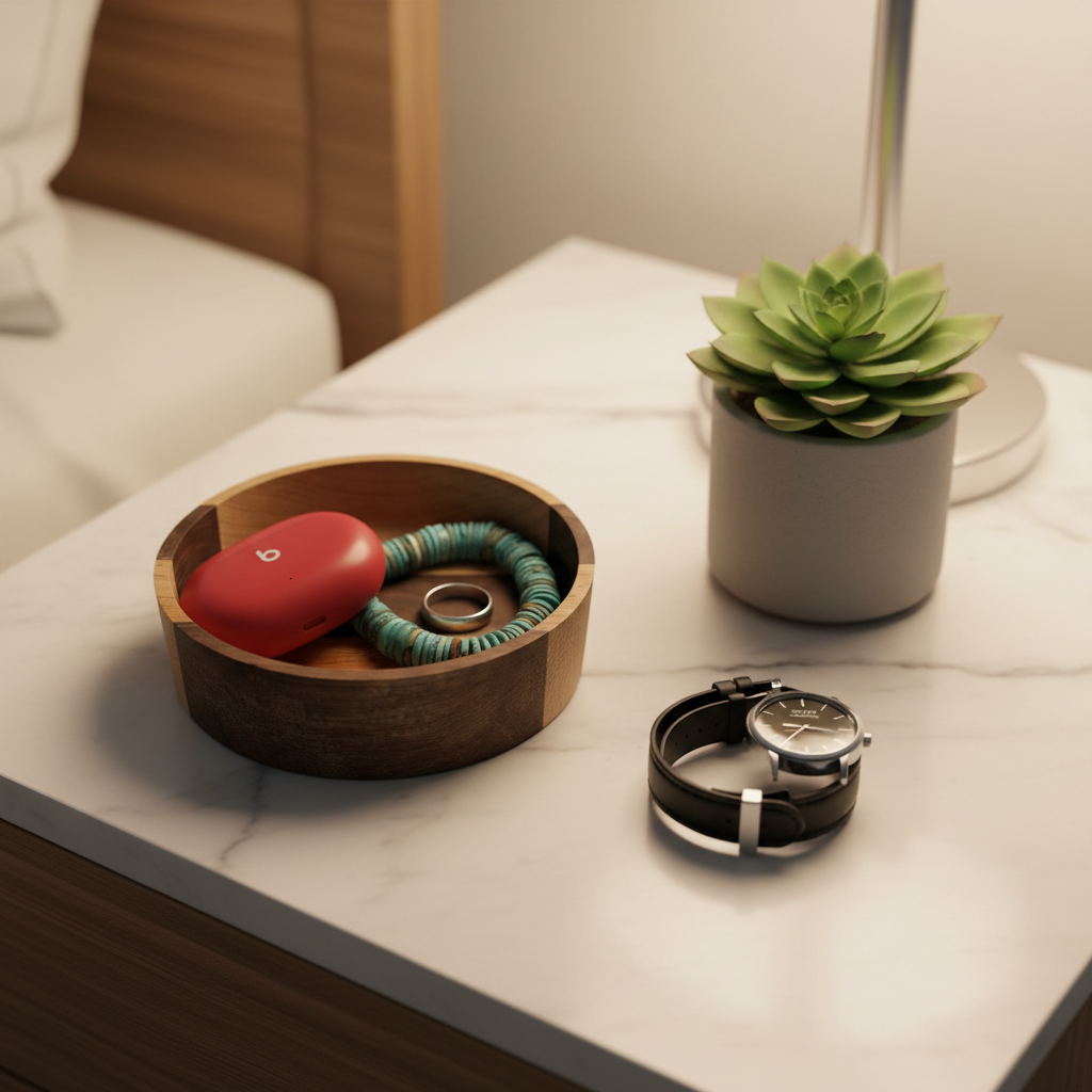 Small Round Walnut and Oak Bowl on marble nightstand with ring, watch, and succulent
