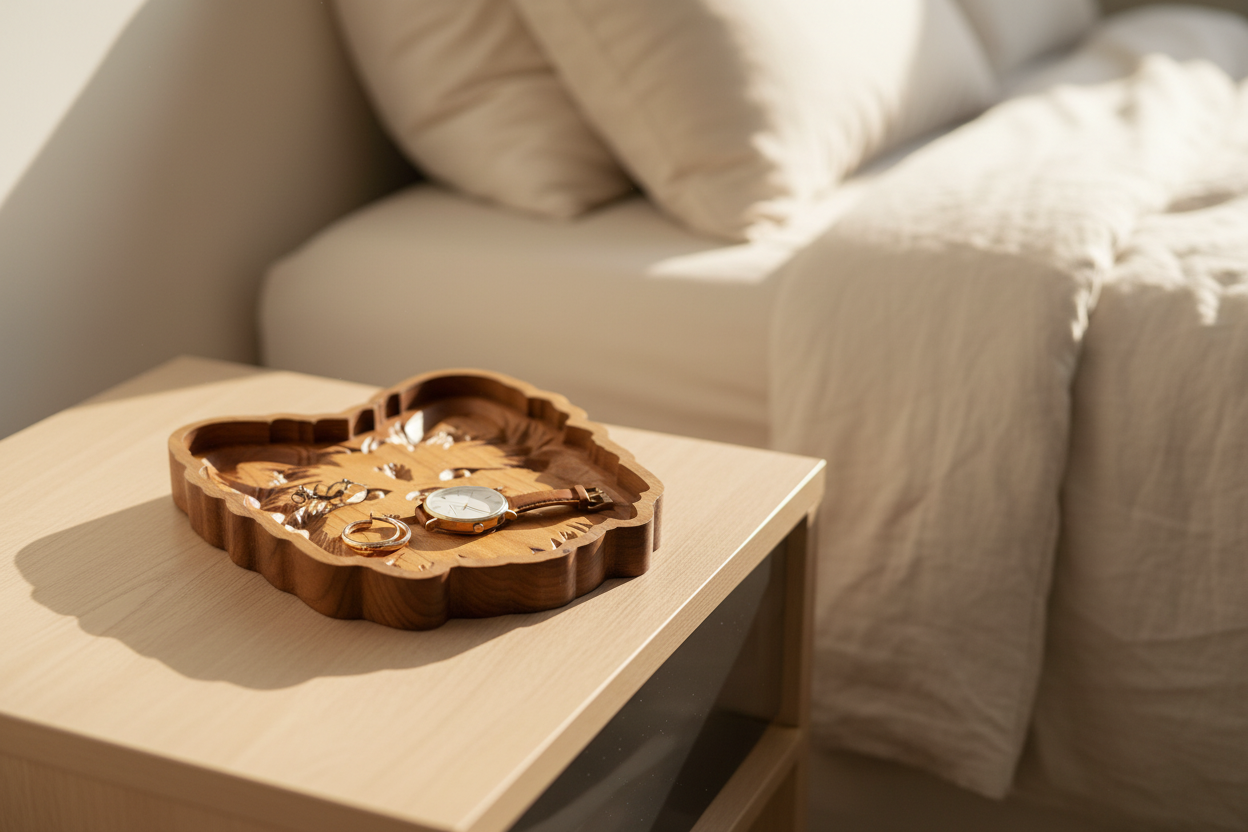 Pomeranian catch-all tray hero shot on nightstand with jewelry