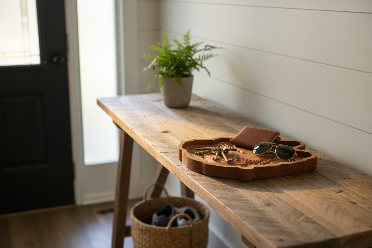 Siberian Husky cherry wood catch-all tray styled on entryway console table with keys, wallet and sunglasses