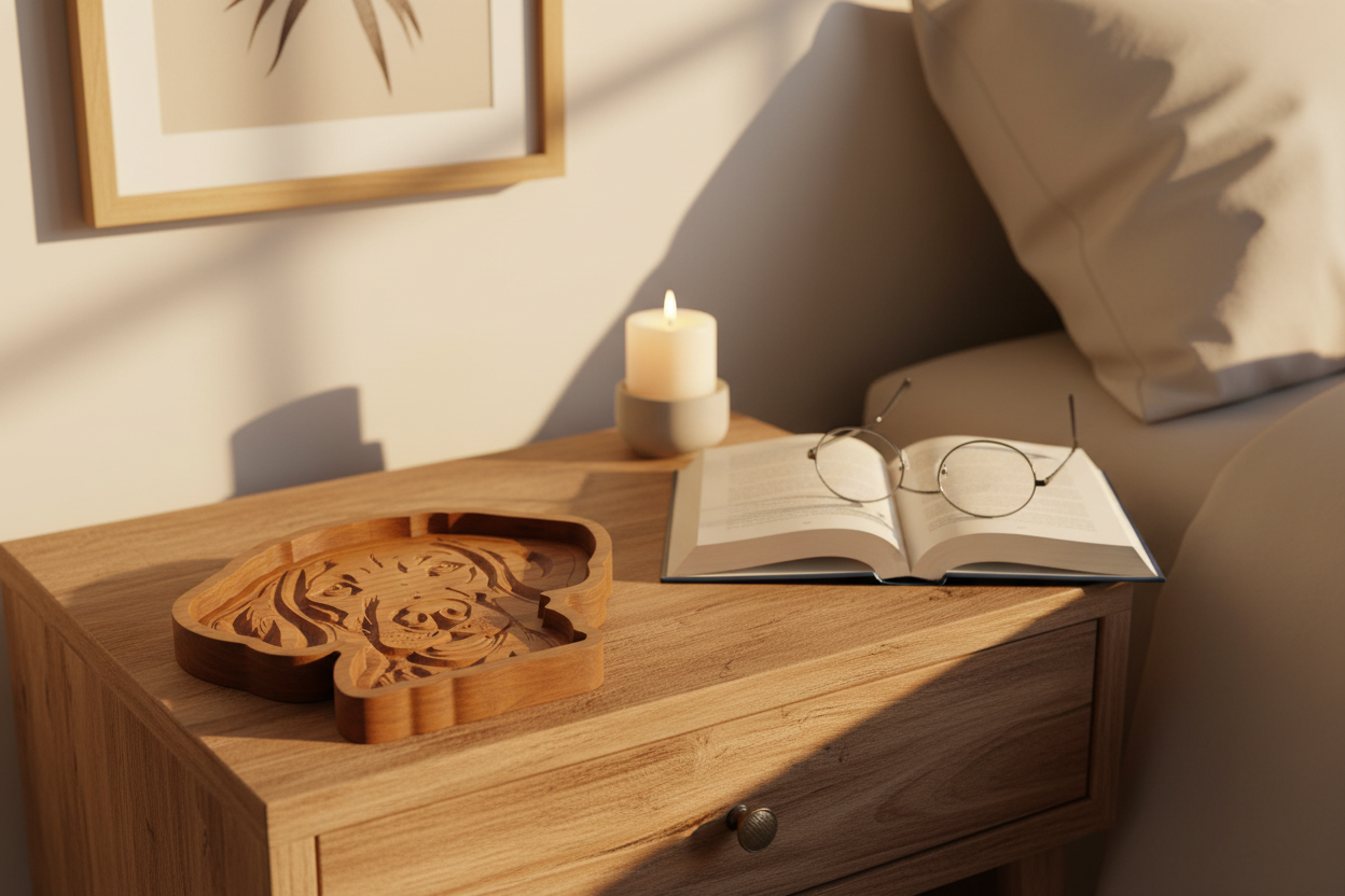 Weimaraner wooden tray styled on nightstand with book and candle