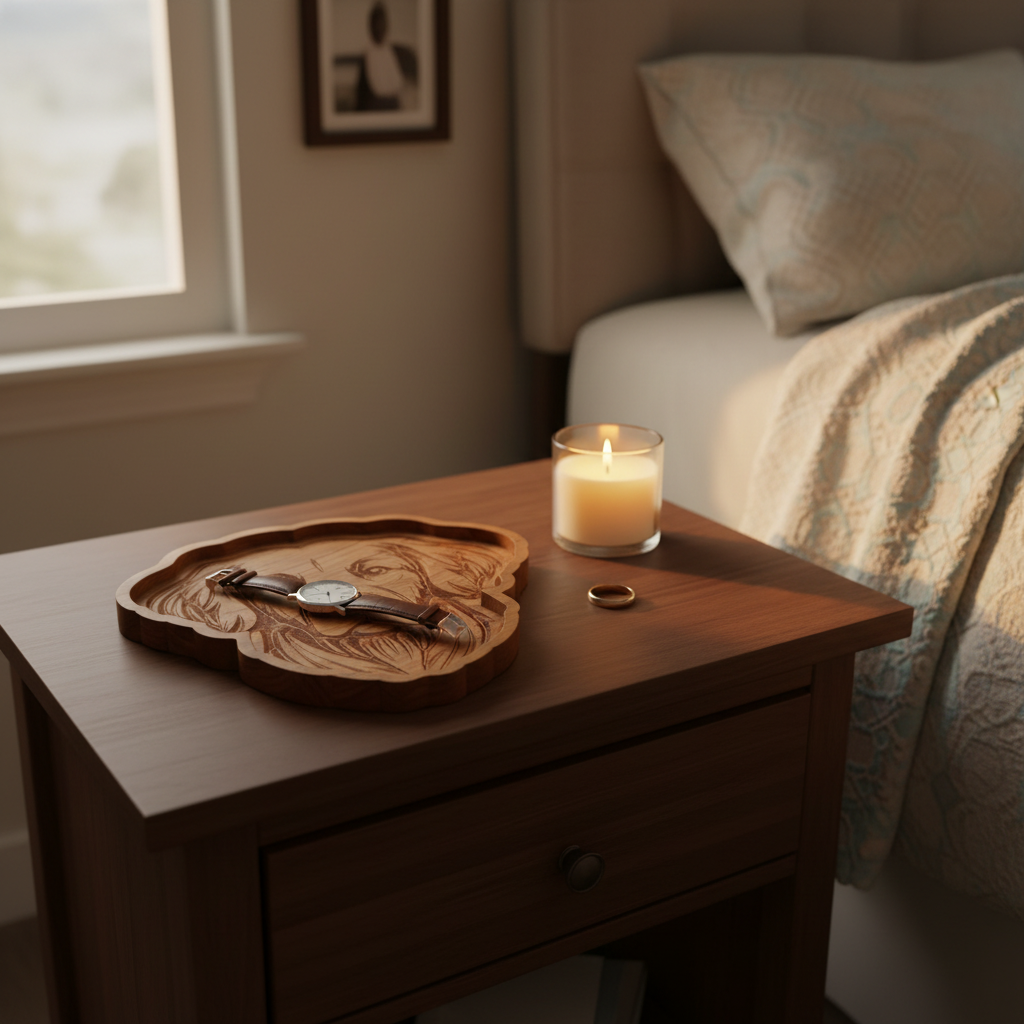 Golden Retriever cherrywood catch-all tray on nightstand with watch and candle