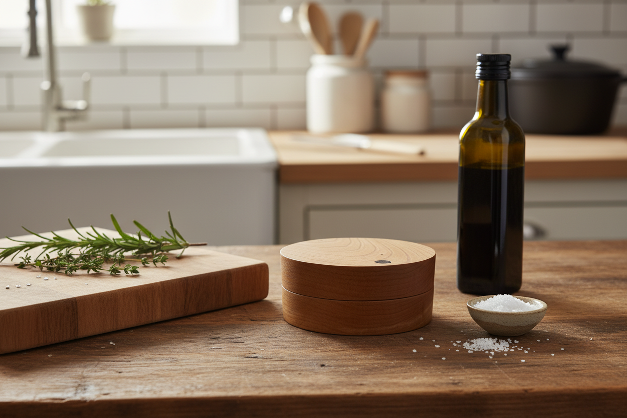 Cherry wood salt holder on a rustic kitchen countertop with cutting board, fresh herbs and olive oil