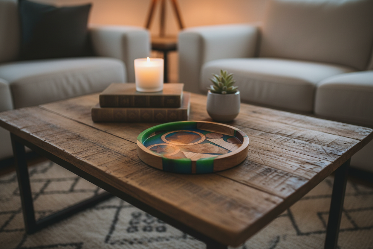 Mosaic Geometry tray on a coffee table with candle in cozy living room